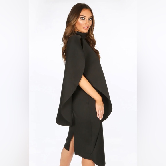 NWOT - Women's Bodycon Black Neoprene Exaggerated Frill Midi Dress! - Picture 2 of 6